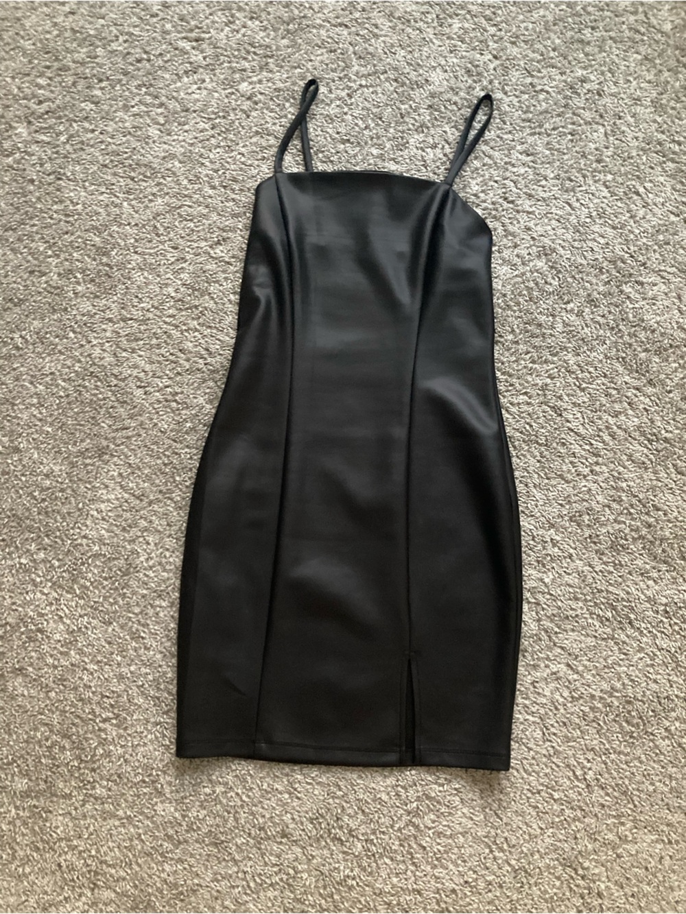 Sleek Black Faux Leather Midi Dress with Slim Straps